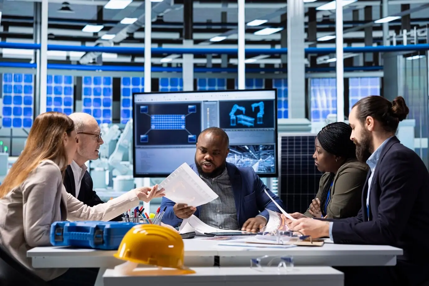 Anteilseigner einer Fabrik für Solarmodule führen eine Wettbewerbsanalyse durch und sichten Unterlagen.